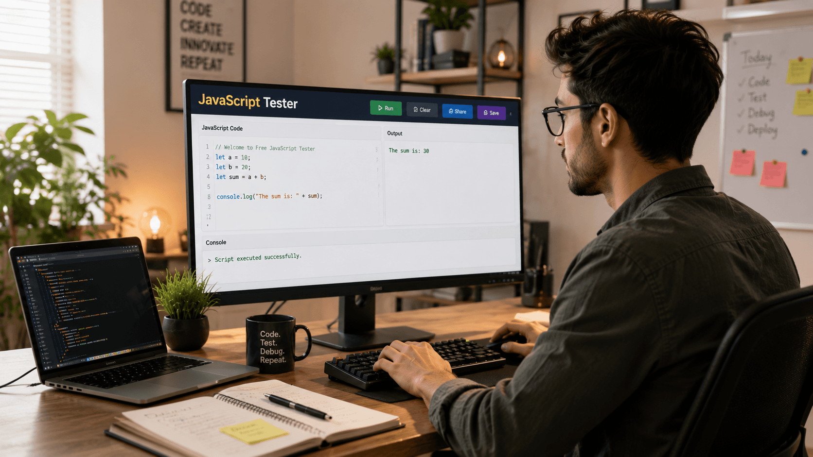 A browser-based code editor pane with HTML, CSS and JavaScript panels and a green play button for live preview