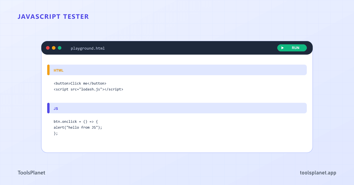A browser-based code editor pane with HTML, CSS and JavaScript panels and a green play button for live preview