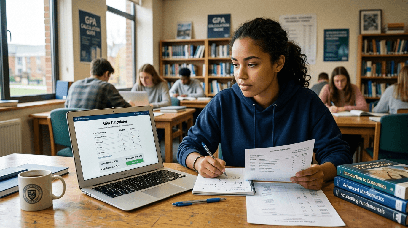Illustration titled How to Calculate Semester & Cumulative GPA, showing letter grades and credit hours combining into a 4.0-scale grade point average