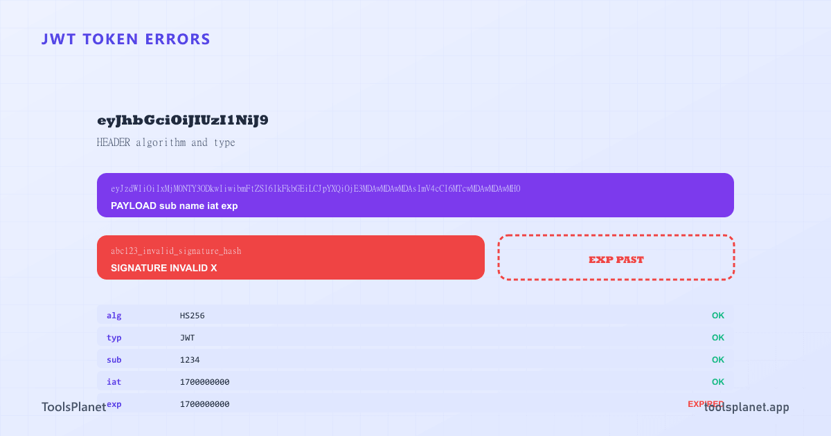 A JWT token shown as three colored segments (header, payload, signature) with a cracked signature segment indicating an invalid token