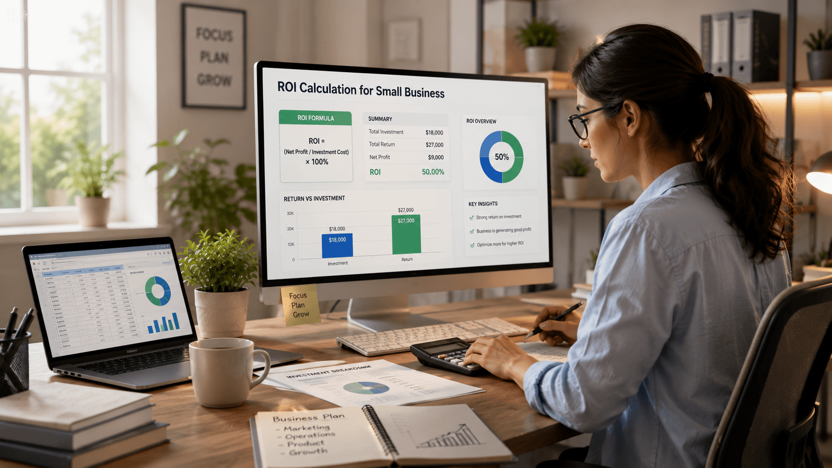 A small business ROI calculator showing an upward trending arrow next to a dollar amount, with percentage return and profit labels