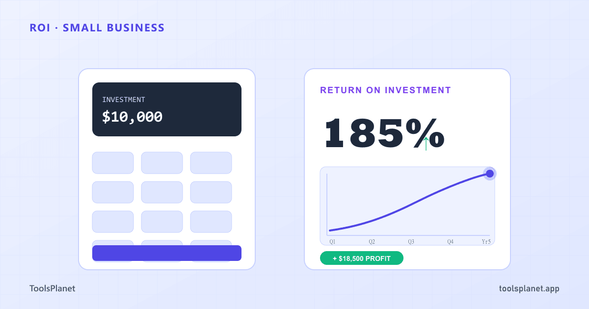 A small business ROI calculator showing an upward trending arrow next to a dollar amount, with percentage return and profit labels